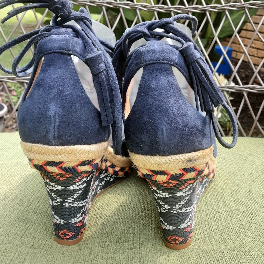 Cabi Isla Southwestern Aztec Pattern Suede Lace Up Wedge Sandal.